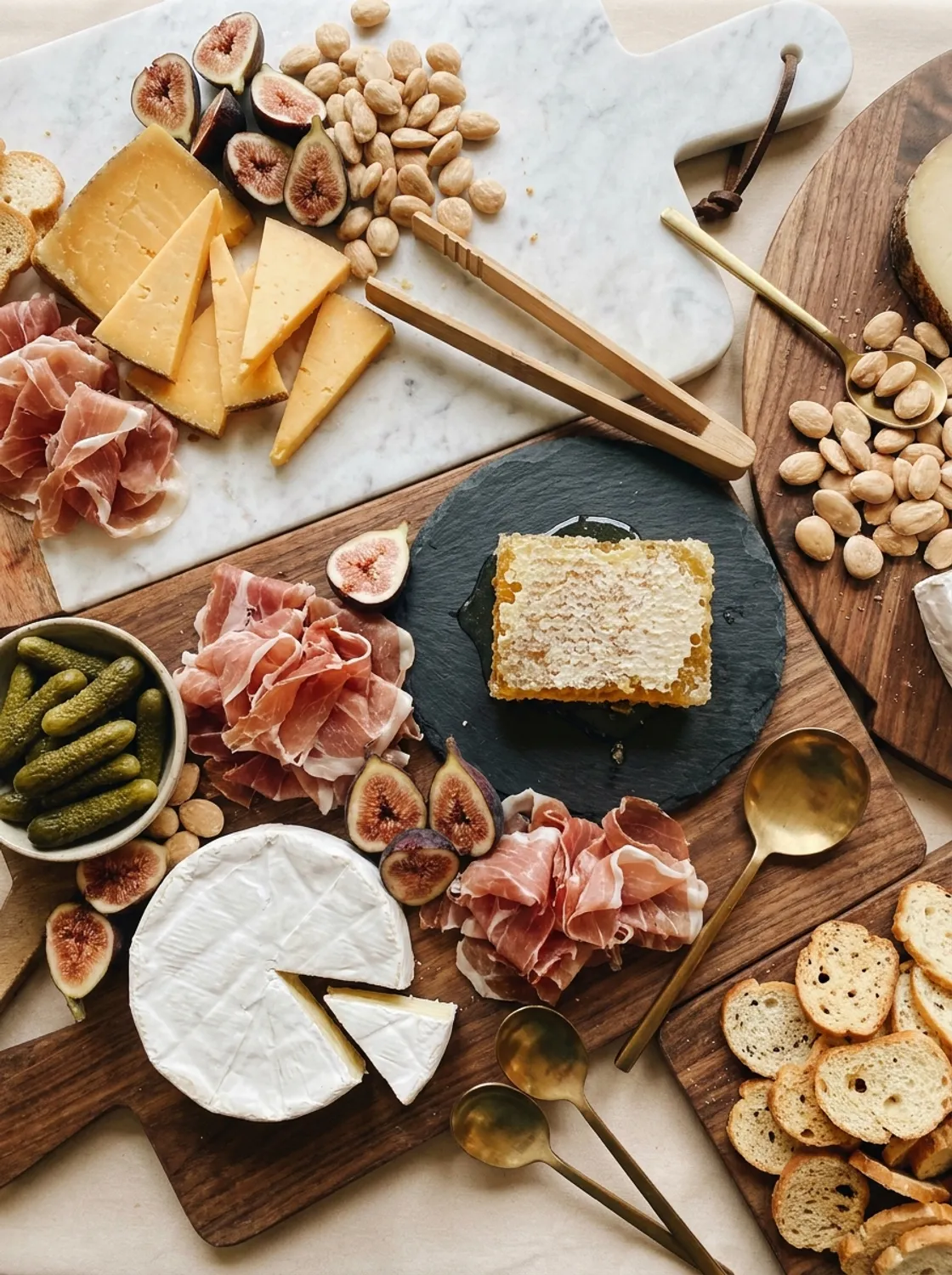 Overhead macro of a marble-and-walnut grazing table with aged cheddar, triple-crème brie, prosciutto rosettes, comb honey, fresh figs, marcona almonds, cornichons, and baguette crisps.