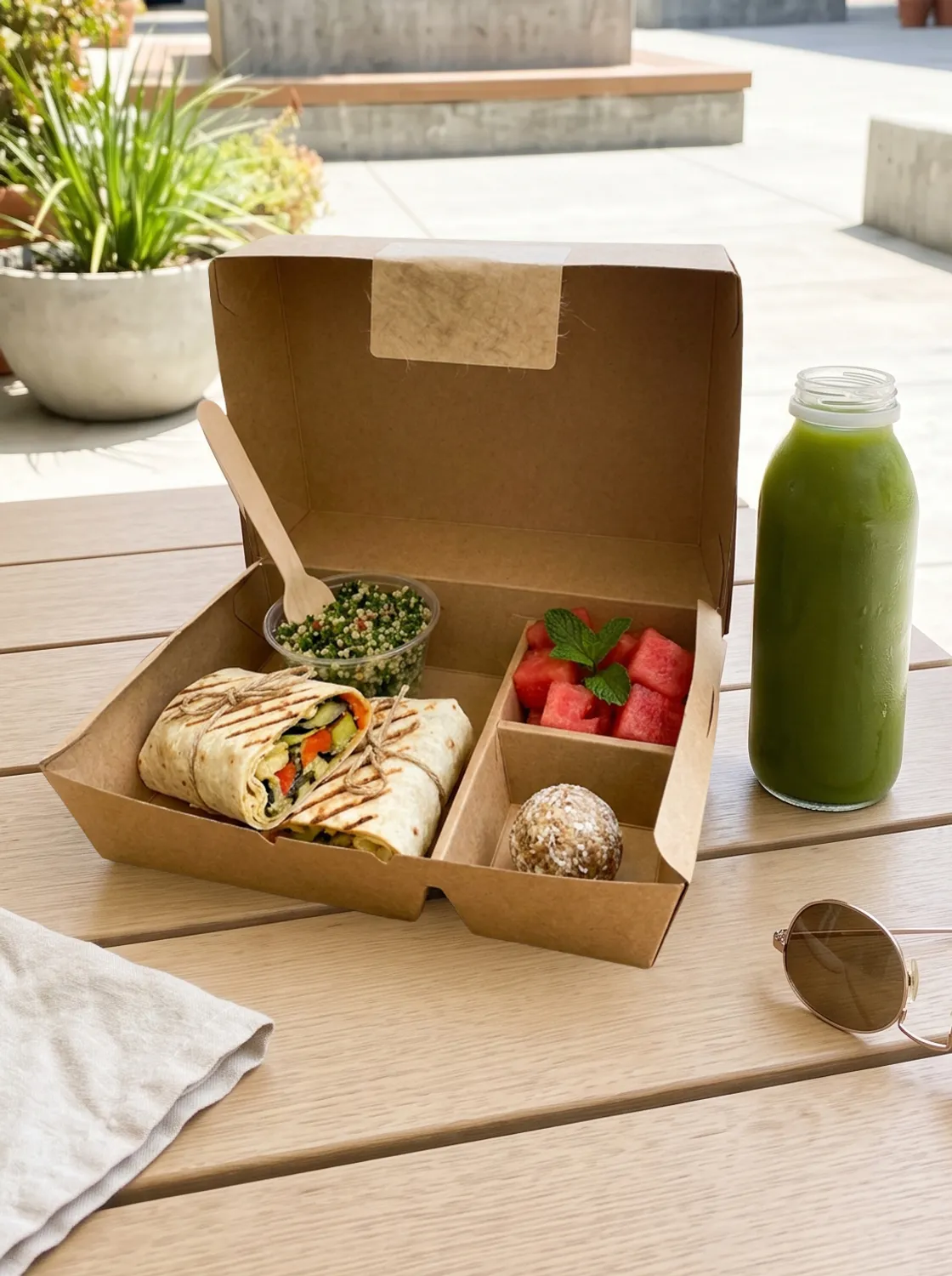 An open kraft box on a picnic bench with a grilled-vegetable and herbed-hummus wrap, quinoa-tabbouleh cup, watermelon-mint salad, seed crackers, and a coconut-lime energy bite.