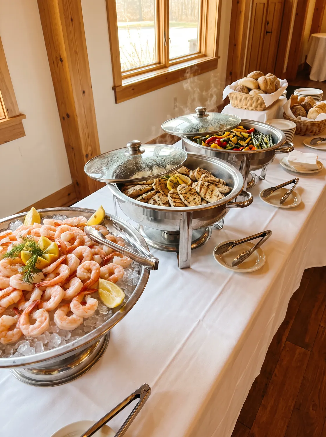 Chilled shrimp and crab on a crushed-ice display with lemon and mignonette, flanked by grilled lemon-herb chicken and charred vegetables.