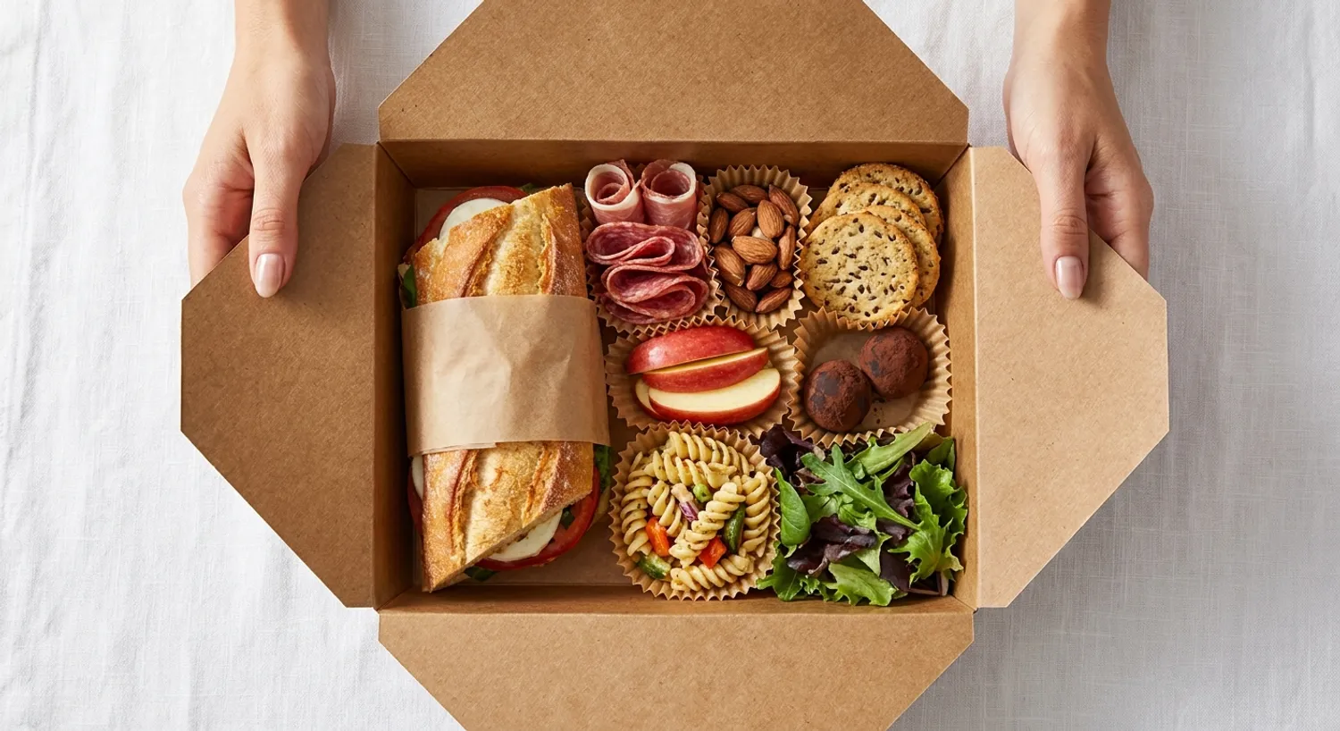 Two hands holding an open cardboard to-go box over a white tablecloth, filled with a toasted caprese sandwich on French bread, rolls of cured meats, almonds, seed-based crackers, apple slices, rotini pasta salad, chocolate truffles, and a spring-mix side salad.
