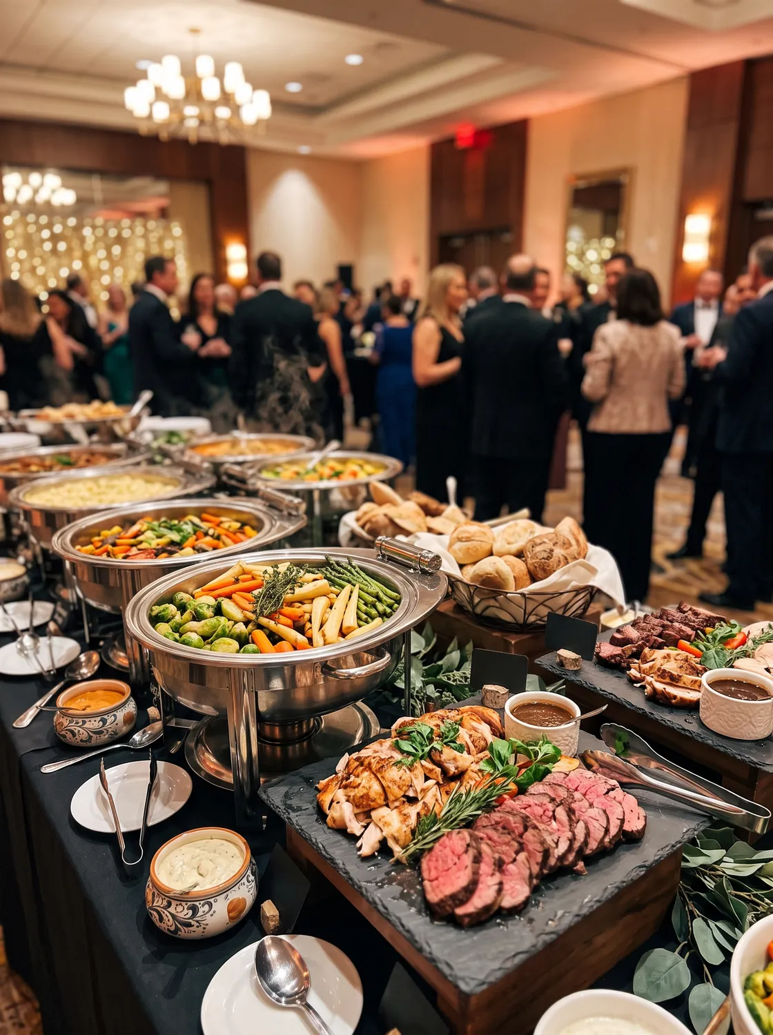 Wide shot of a round-table ballroom with charger plates, low floral centerpieces, and warm uplighting.