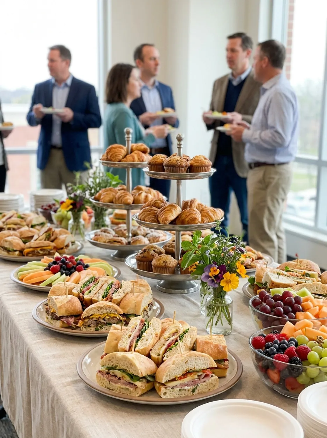 Close-up of sandwich halves, fruit cups, and pastries on a credenza while blurred attendees network in the background.