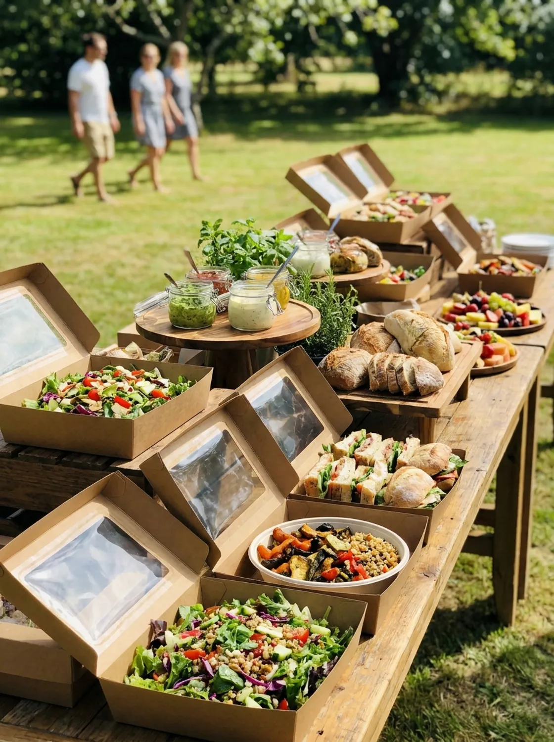 Kraft boxed lunches in a wicker basket on a rustic picnic table with a checkered blanket, trees, and retreat-goers in soft focus.